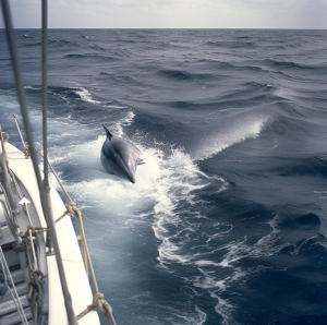 Delfin schwimmt auf Welle von einem Boot
