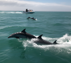 Delfine schwimmen in Florida neben jetski