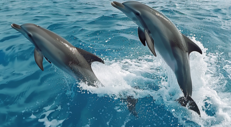 2 Delphine springen aus dem Meer